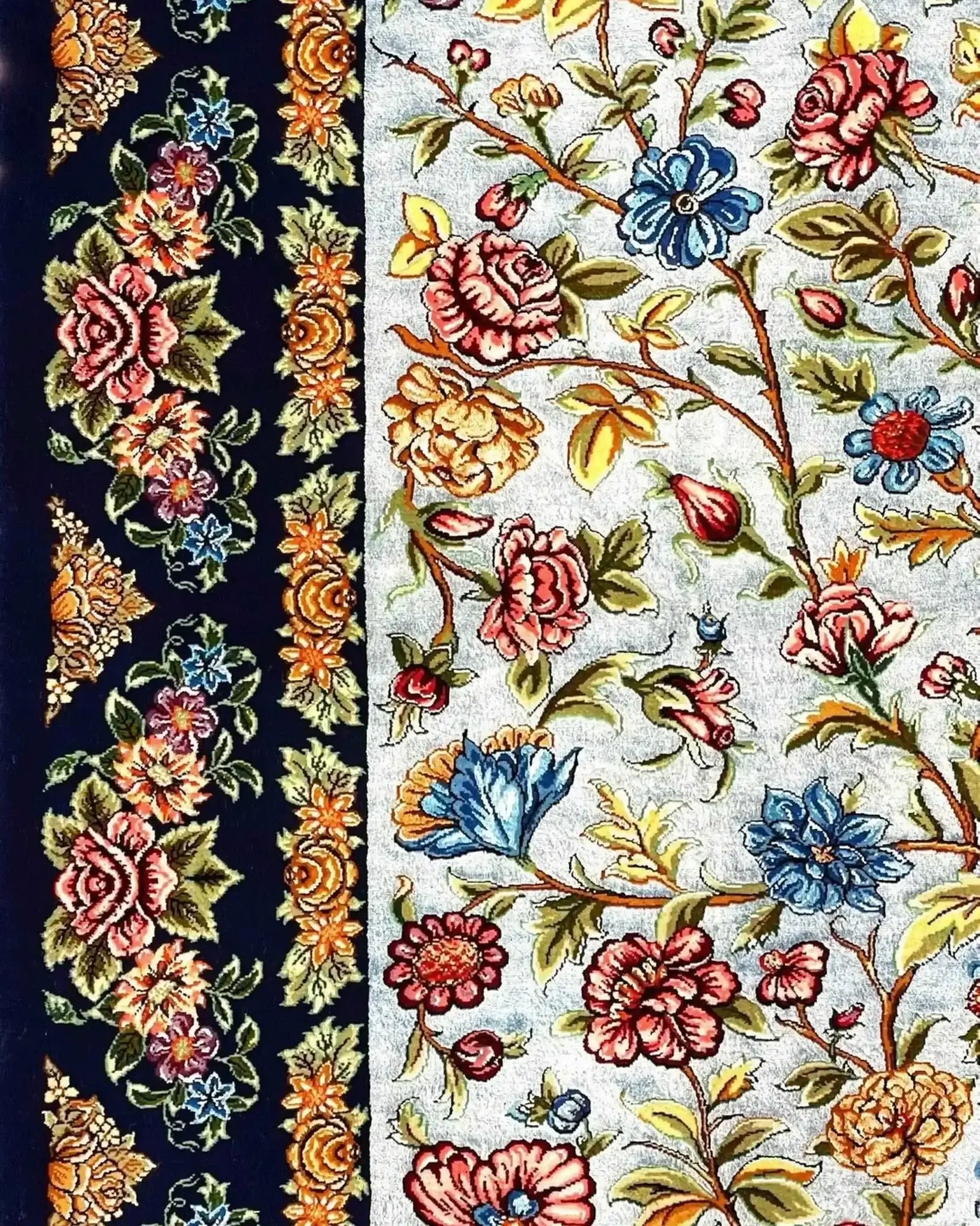 Buy authentic Persian rugs online, elegant hand-knotted design with silk and wool pile